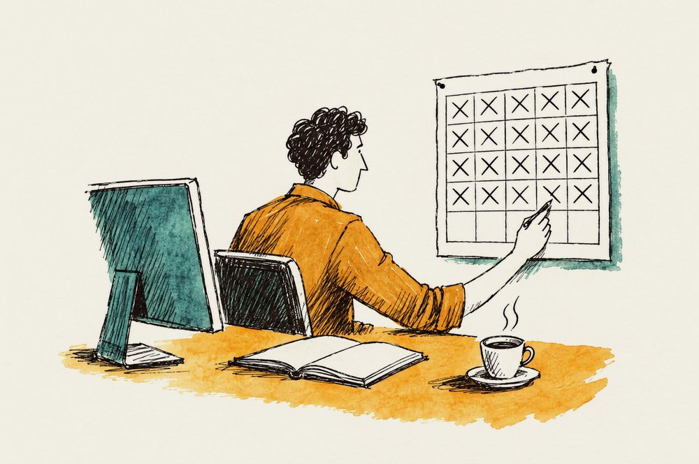 Ilustração: um trader à mesa, de manhã, riscando mais um dia num calendário preso na parede