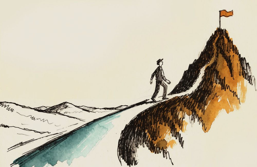 Ilustração: uma pessoa caminhando por uma estrada que sobe até o topo de uma montanha com uma bandeira