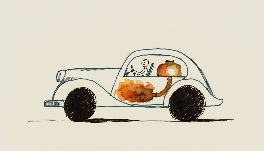 Ilustração: um carro visto por dentro, com um motor em chamas alimentando o movimento