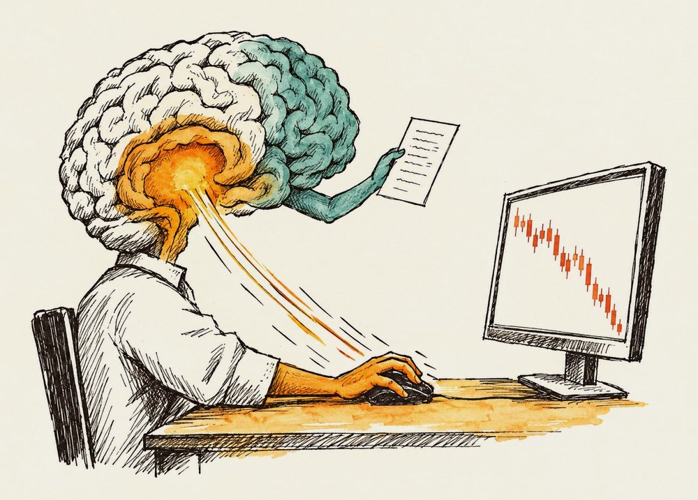 Ilustração: um cérebro sobre o trader; a parte emocional chega à mão no mouse antes da parte que segura o plano