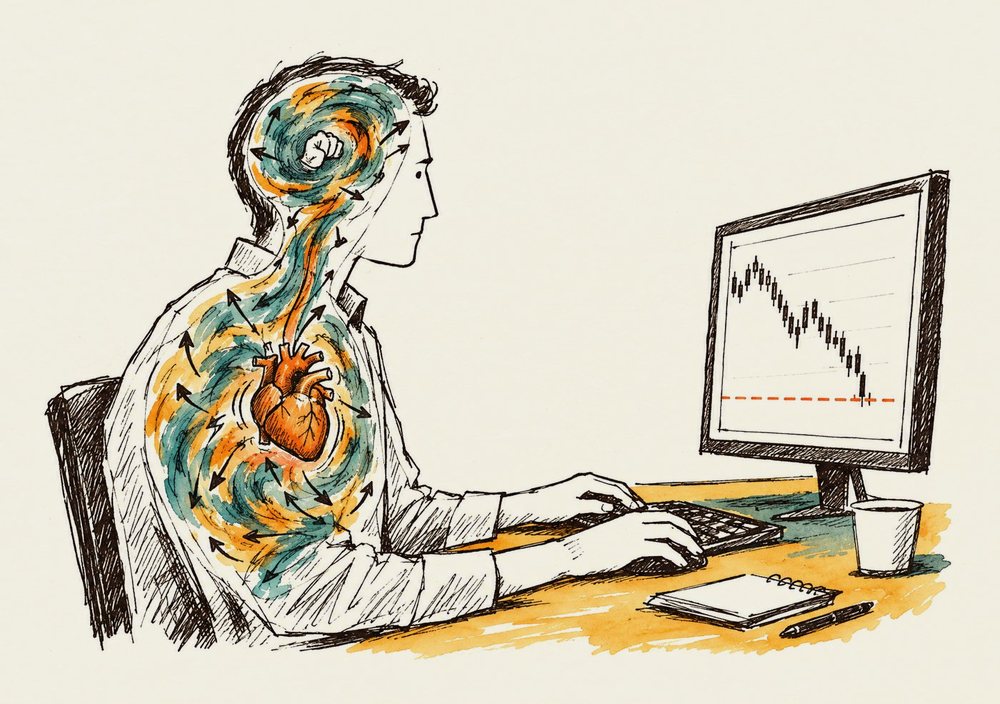 Ilustração: um trader calmo por fora, com uma tempestade de estresse por dentro do corpo