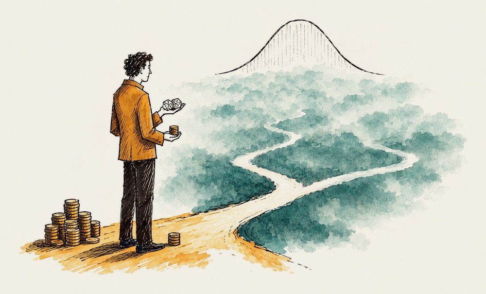 Ilustração: um trader diante de caminhos encobertos pela névoa, com dados numa mão e poucas moedas na outra
