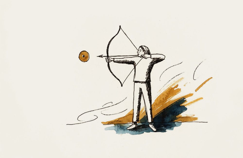 Ilustração: uma arqueira com o arco tensionado, mirando um alvo