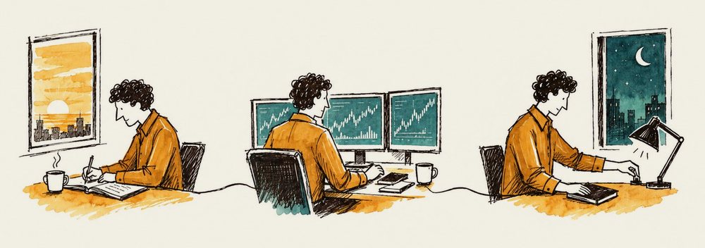 Ilustração: o dia do trader, da anotação da manhã ao fechamento à noite