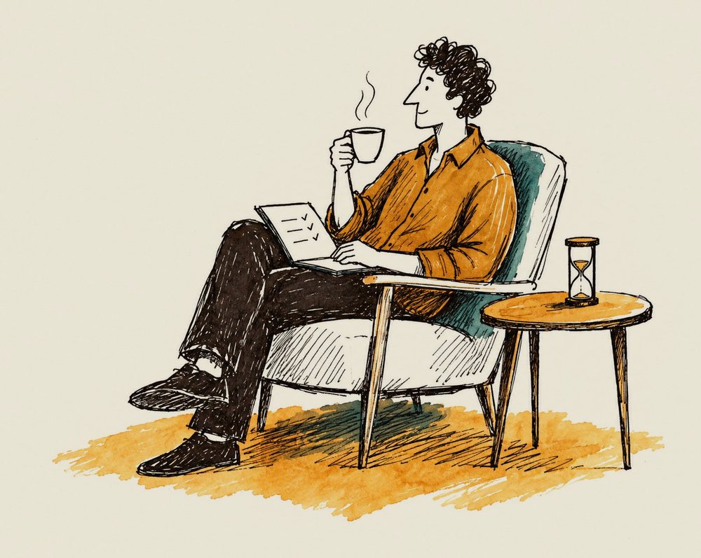 Ilustração: um trader relaxado com café e um caderno curto, com uma ampulheta mal começada